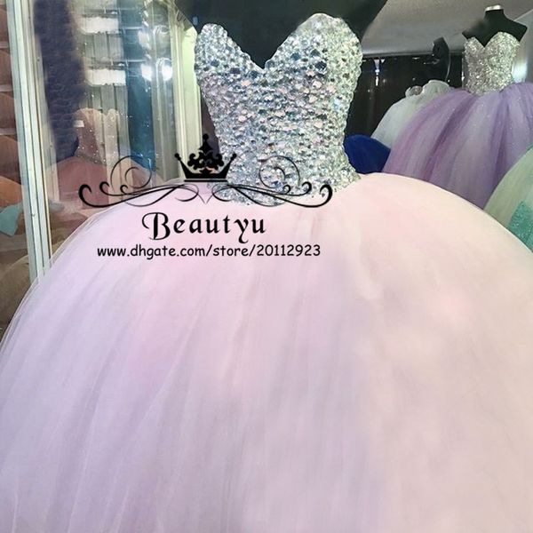 Luxury Silver Crystals Sweet 16 Ball Gown Quinceanera Dresses Light Pink Tulle Puffy Plus Size 2018 Masquerade Vestidos Ragazza Prom Gowns Quinceanera