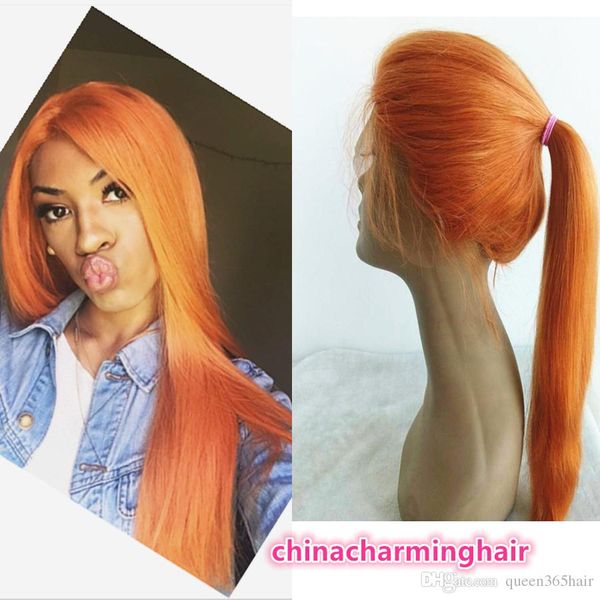 Orange Colored Full Lace Wigs Virgin Soft Human Hair Colorful