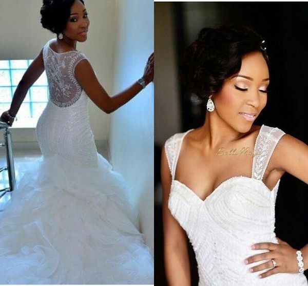 

african mermaid wedding dresses 2016 new cap sleeves crystal beaded sheer back plus size chapel train custom wedding dress bridal gowns, White
