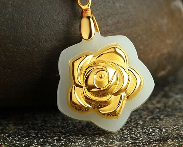 

gold inlaid jade (roses blooming flowers). talisman necklace pendant, Silver