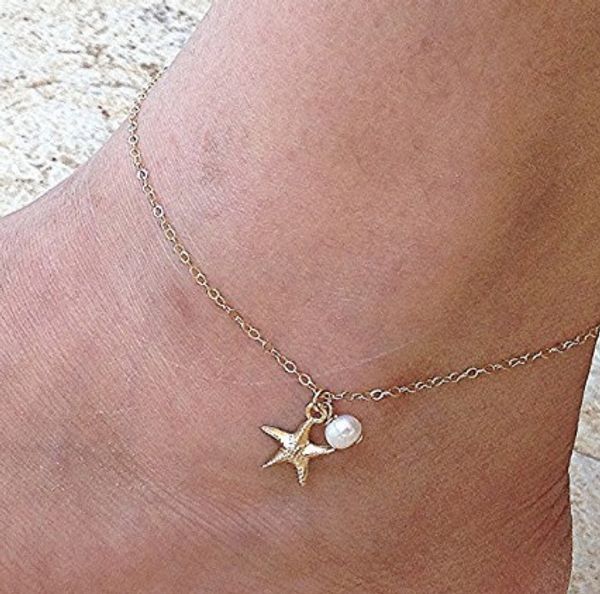 

starfish pearls ankle bracelets gold tone anklet chain foot chains barefoot beach sandals gothic girls anklets, Red;blue