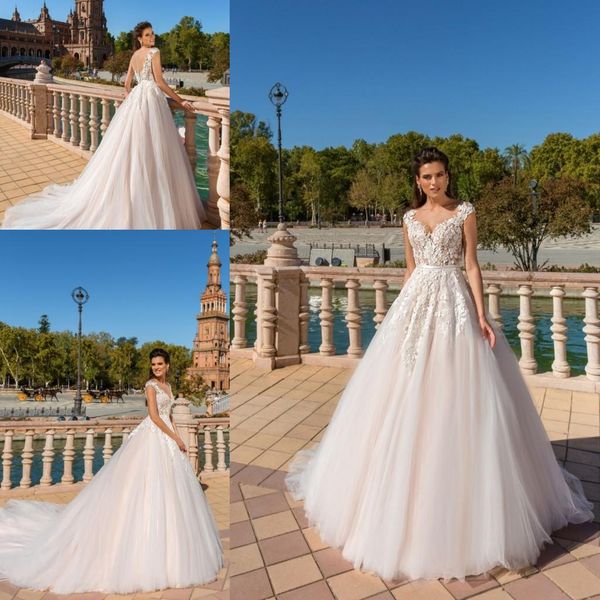 

2020 new vestios de novia sweetheart cap sleeves lace 3d-floral appliques a-line bridal gowns crystal design elegant a-line wedding dresses, White