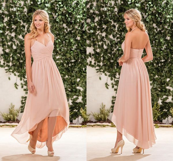 Halter High Low Abiti da damigella d'onore Blush Pink Chiffon Ruffle Pieghettato Backless Formal Country Plus Size Abiti da damigella d'onore lunghi