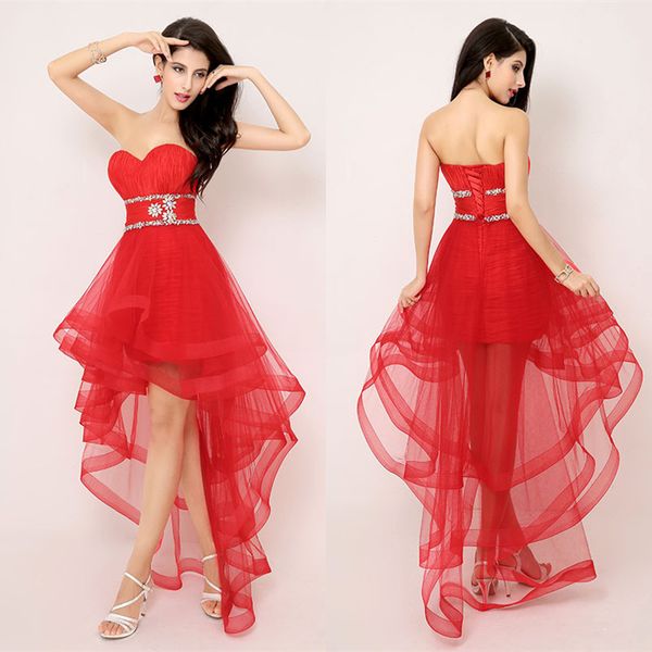 

Red 2020 Cocktail Dresses Sweetheart Strapless Pleats Ruffles High Low Tulle Sexy Cocktail Party Dress Evening