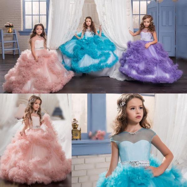 

arabic 2017 sheer neck floral flower girl dresses for wedding crystals tiers child pageant dresses first communion dresses custom made, White;blue