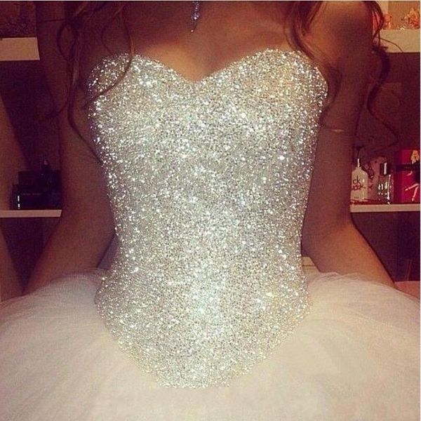 

2016 vestidos bling wedding dresses ball gown crystal major beading lace appliques long wedding dress sweep train formal bridal gowns, White