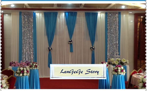 Beige Ivory Wedding Backdrops With Sky Blue Silver Sequin Fabric