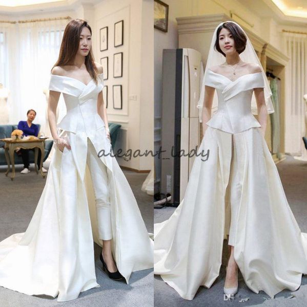 

two pieces jumpsuits garment wedding dresses a line off the shoulder with pants bridal gowns sweep train satin overskirt vestido de novia, White
