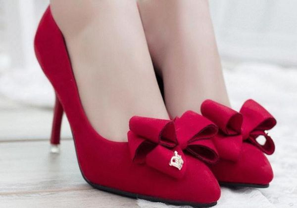 

2015 spring and summer 8cm pointed high-heeled shoes with a fine low to help scrub sheep leather shoes sweet bow shoes tide, Black