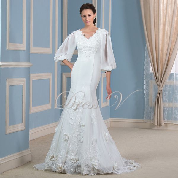 

Gorgeous Lace Applique Mermaid Wedding Dresses 2019 V-Neck 3/4 Lantern Sleeves Plus Size Bridal Gowns Flowers Bride Dress Custom Made