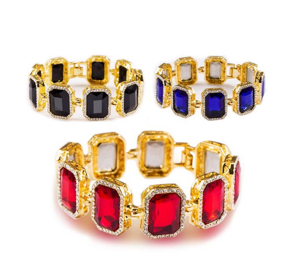 

Горячие Мужские Iced Out Черный Красный Синий Золотой Браслет Отделка Красный Рубин