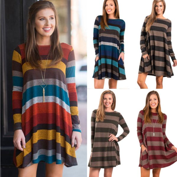 

1pcs Ladies Fashion Loose Striped Print A-Line Short Mini Dress Womens Long Sleeved Fall Dresses