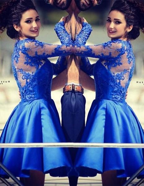 2022 Kraliyet Mavi Mezuniyet Elbiseleri Uzun Kollu Kısa Parti Elbise Dantel Aplike Saten Arapça Artı Boyutu Illusion Geri Kokteyl Elbise