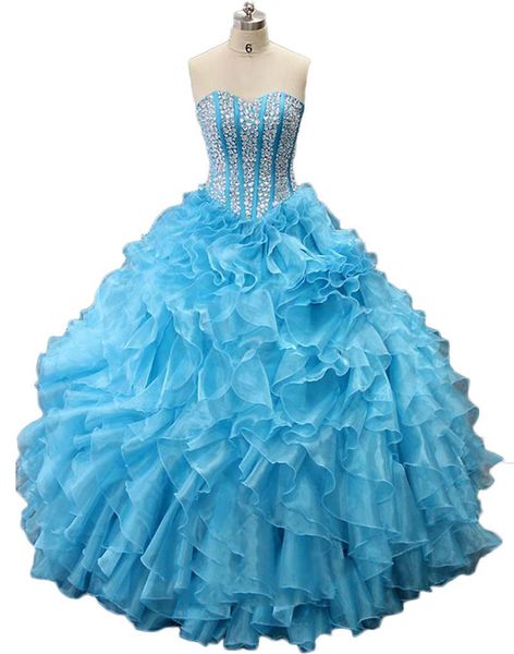 

2019 fashion ball gown quinceanera dress sweetheart crystals ruffles organza floor length long graduation party gowns custom size, Blue;red