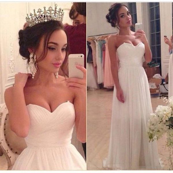 

2017 beach chiffon fabric wedding dress a line sweetheart simple floor length bridal gown long sweet size 2 skinny girl wedding dresses, White