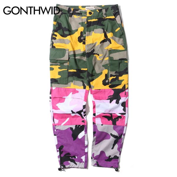 

wholesale-gonthwid tri color camo patchwork cargo pants men's hip hop casual camouflage trousers fashion streetwear joggers sweatpants, Black