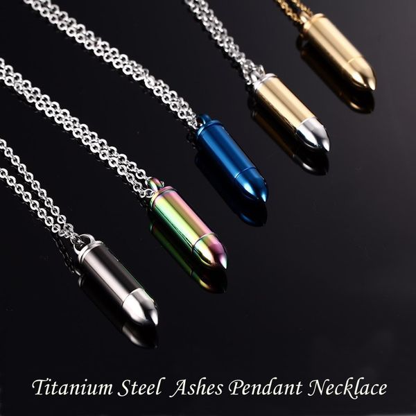 

5Colors Men Titanium Steel Urn Necklaces Cremation Case Perfume Bottle Bullet Pendant Chains Necklace Women Jewelry Can be open put in Ashes
