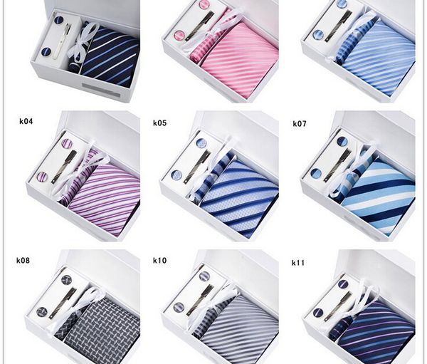 

50 colors quality mens neck tie set wedding ties & tie clips & cufflinks & hanky & gift box fashion business suit tie moq 6 sets, Black;blue