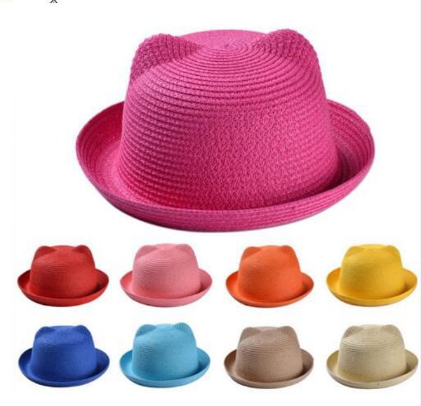 

baby straw hat summer kids cat ear decoration lovely beach cap sun hat solid beach hats 17 color kka3091, Yellow