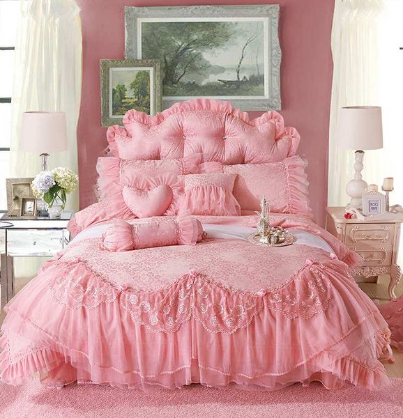 

wholesale- classic korean pink princess bedding sets bedspread 4pc jacquard satin silk duvet cover ruffles lace bedclothes bed skirt cotton