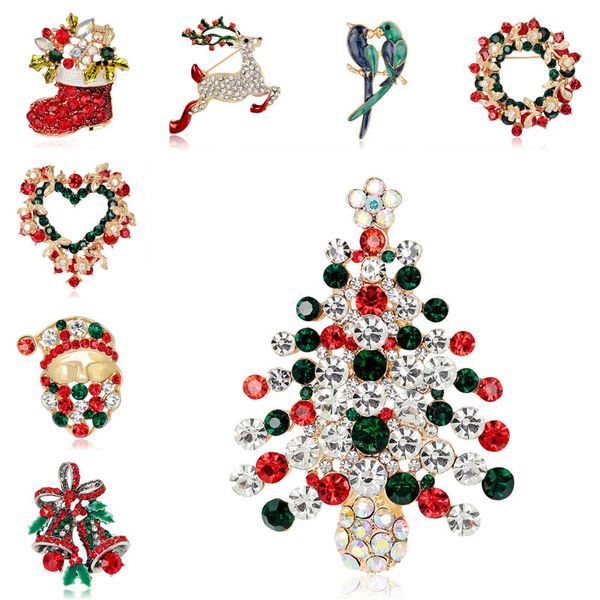 Diamond Crystal Christmas Brooch Pins Рождественская елка Гарленда Санта -Клаус снеговик оленя Bell Boot Boochs Corsage Новый год модные украшения