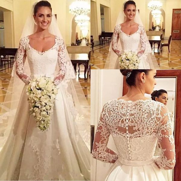 

vestido де новия совок декольте кружева свадебные платья 2017 sheer длинные рукава линия пятно свадебные платья кнопка покрыта старинные сва, White