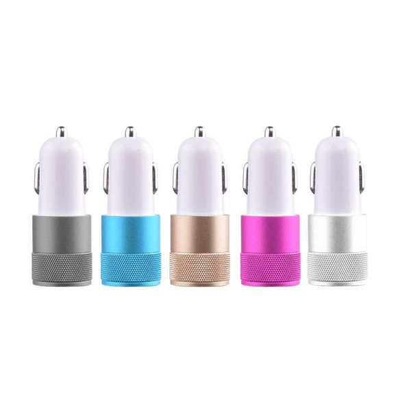 

metal dual usb port car charger universal 12 volt / 1~2 amp in opp bag for apple iphone ipad ipod / samsung galaxy droid nokia htc 500pcs