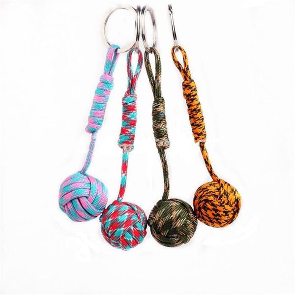

monkey fist knot key chains buckle self-defense core keychain steel survival paracord lanyard outdoor travel, Silver