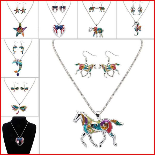 

Necklace Sets Enamel Horse Elephant Crab starfish Necklace Earrings Jewelry Sets Pendants for Women Silver plated Enamel Jewelry Set