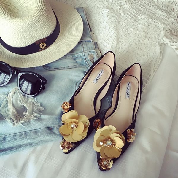 

new spring fall brand same style women glitter shoes camellia flower mix color shallow mouth pointed toe flat shoes fashion lady single shoe, Black