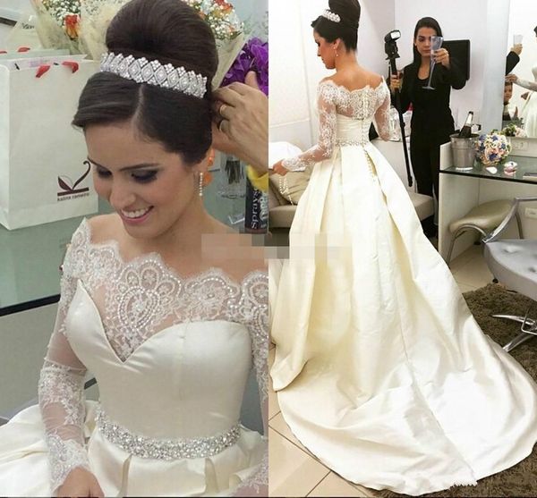 

gorgeous lace long sleeve wedding dresses diamond crystals bridal gown satin off the shoulder wedding dress, White