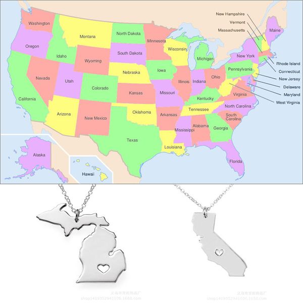 

america 47 state map heart diy state pendent necklace stainless steel jewelry alaska state new york state, Silver