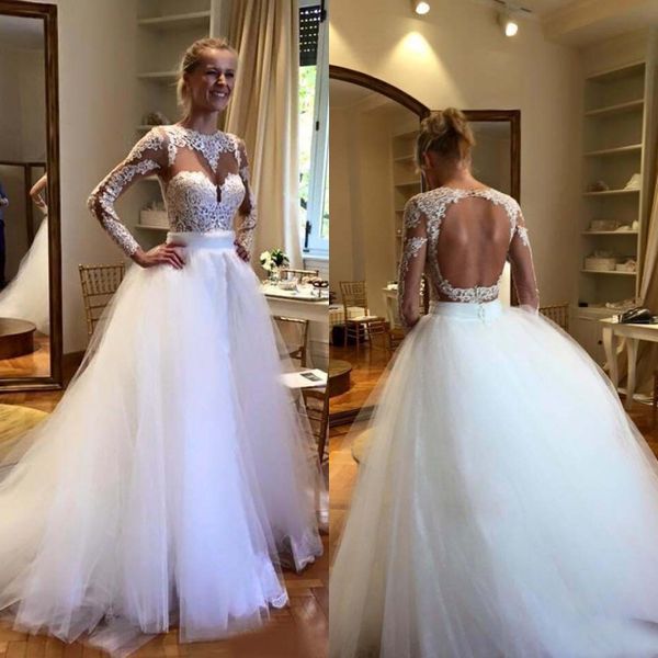 

real p 2016 berta white lace long sleeve backless wedding dresses with detachable trains tulle long bridal gowns custom made en11021