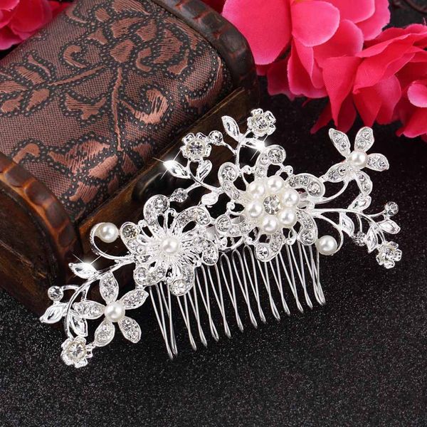 

wholesale-1pc floral wedding tiara sparkling silver plated crystal simulated pearl bridal hair combs hairpin jewelry hair accessories new