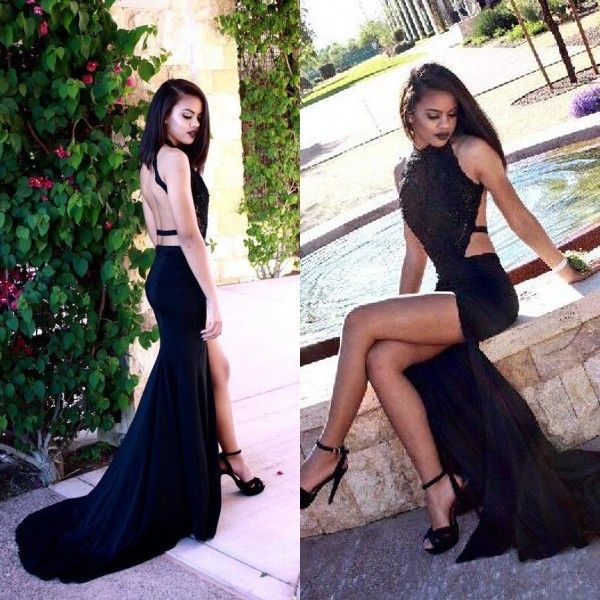 

fitted mermaid evening dress black halter neck lace backless pageant gowns with high split and sweep train formal party wear, Black;red