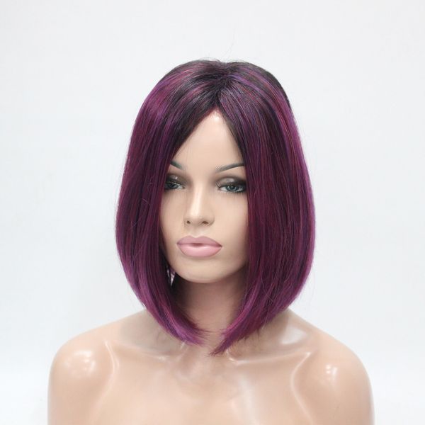 kostenloser Versand schöne heiße neue Kanekalon Fashion Black Rooted Midnight Berry Angled Bob Perücke Deep Purple