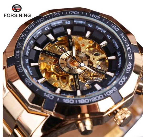 

forsining sport racing series skeleton stainless steel black golden dial brand luxury watches men automatic watch clock men, Slivery;brown