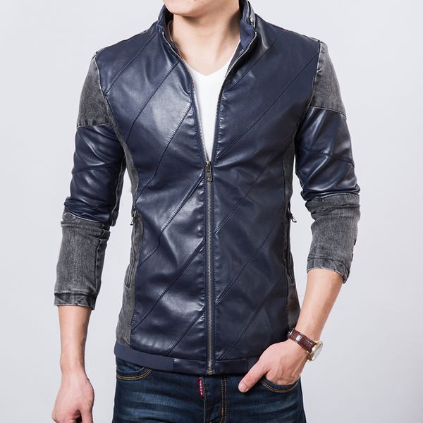 

fall-2016 special offer veste homme autumn men's denim jacket splice pu leather motorcycle jacket male solid patchwork jacket coat, Black;brown
