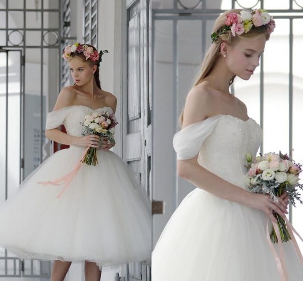 

selling a line tulle wedding dresses 2017 off the shoulder tea length wedding dresses bridal gowns, White