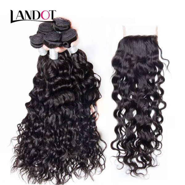 

8a lace closure with 3 bundles brazilian water wave curly virgin human hair weaves peruvian indian malaysian cambodian hair natural color, Black;brown