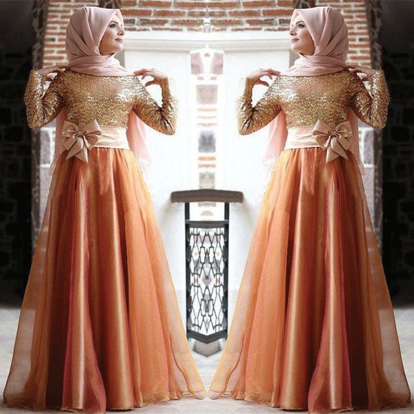 

gorgeous muslim prom dresses 20120gold sequins on long sleeve a line with bow waist formal arabic evening party dress, Black