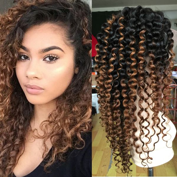 

kinky curly wig ombre malaysian lace front wigs full lace human hair wigs for black women 1b/30 afro kinky curly wig, Black;brown