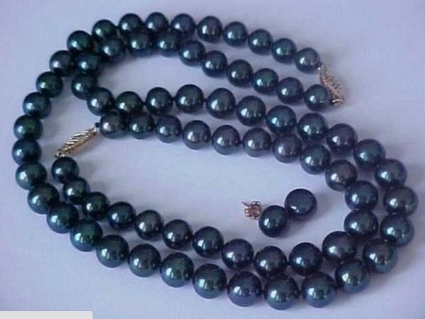 

9-10mm natural black tahitian pearl necklace18inch+bracelet +earring set 14k