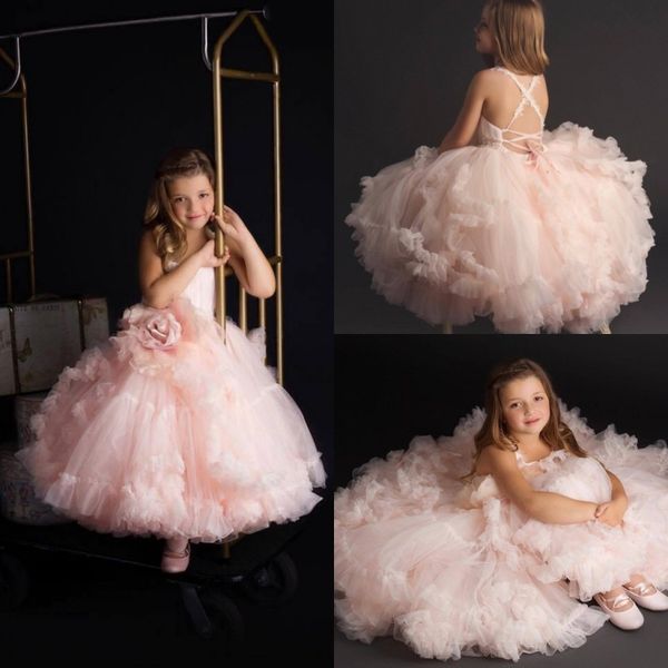 

pink girls pageant dresses hand made flower ruffle backless ball gown flower girl dress for wedding floor length birthday party wear, White;blue
