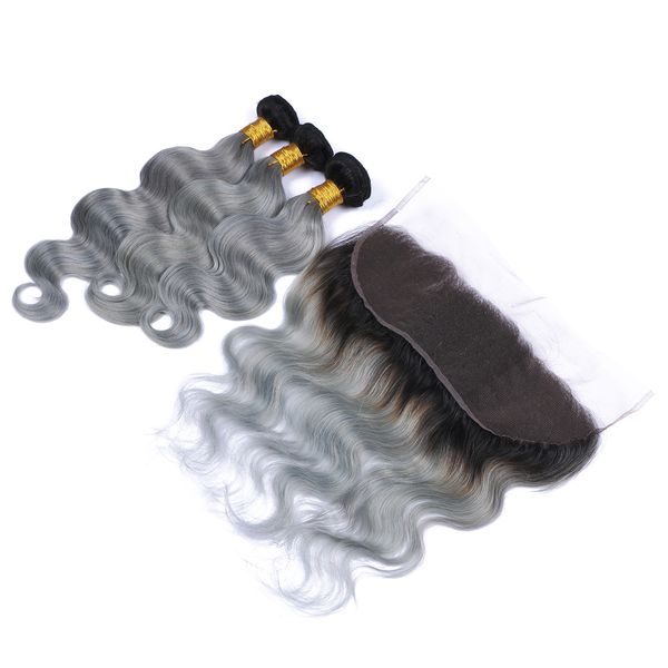 

virgin peruvian ombre human hair 3bundles with 13x4 lace frontal body wave 1b/grey two tone human hair weaves with frontals silver grey, Black