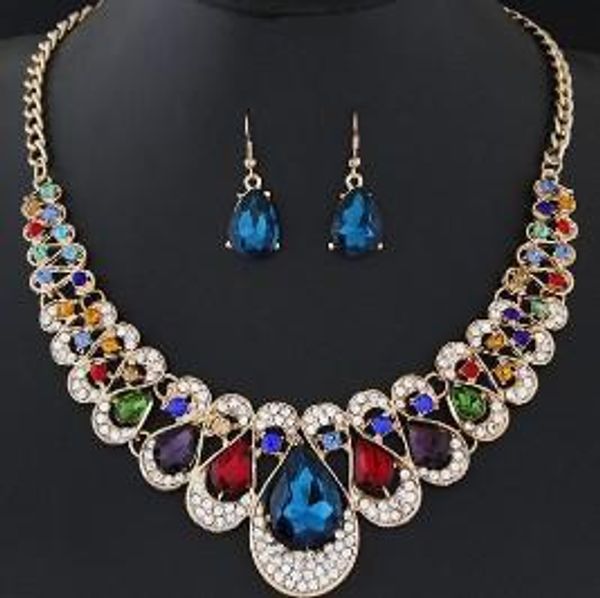 

elegant womens jewelry sets teardrop crystal 6 color option statement pendant bib necklace earring set, Golden;silver