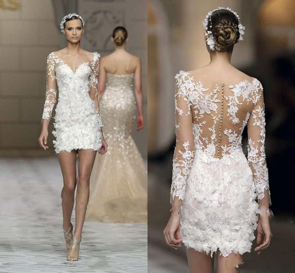 Abiti da sposa mini abiti da sposa sexy con applicazioni in pizzo bianco Illusion Guaina a maniche lunghe con scollo a V Abiti da sposa Abiti da sposa su misura