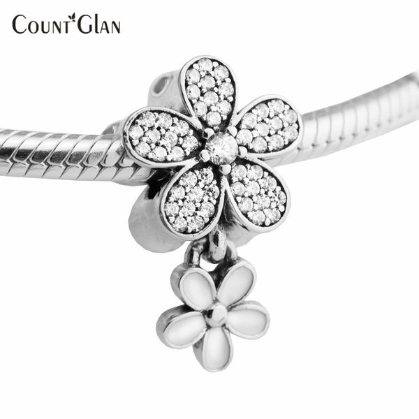 

2017 spring white enamel & clear cz dazzling daisy duo flower charm beads fit european pandora bracelets diy 925 sterling silver jewelry, Bronze;silver