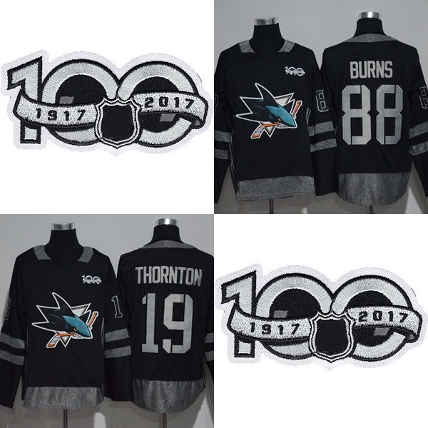 

2017 new brand mens san jose sharks 19 joe thornton 88 brent burns stitched logos black 100th anniversary hockey jerseys, Black;red