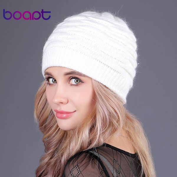 

[boapt] soft rabbit double knitting thick bonnet beanie caps solid warm winter hats for women's cap skullies beanies female hat, Blue;gray